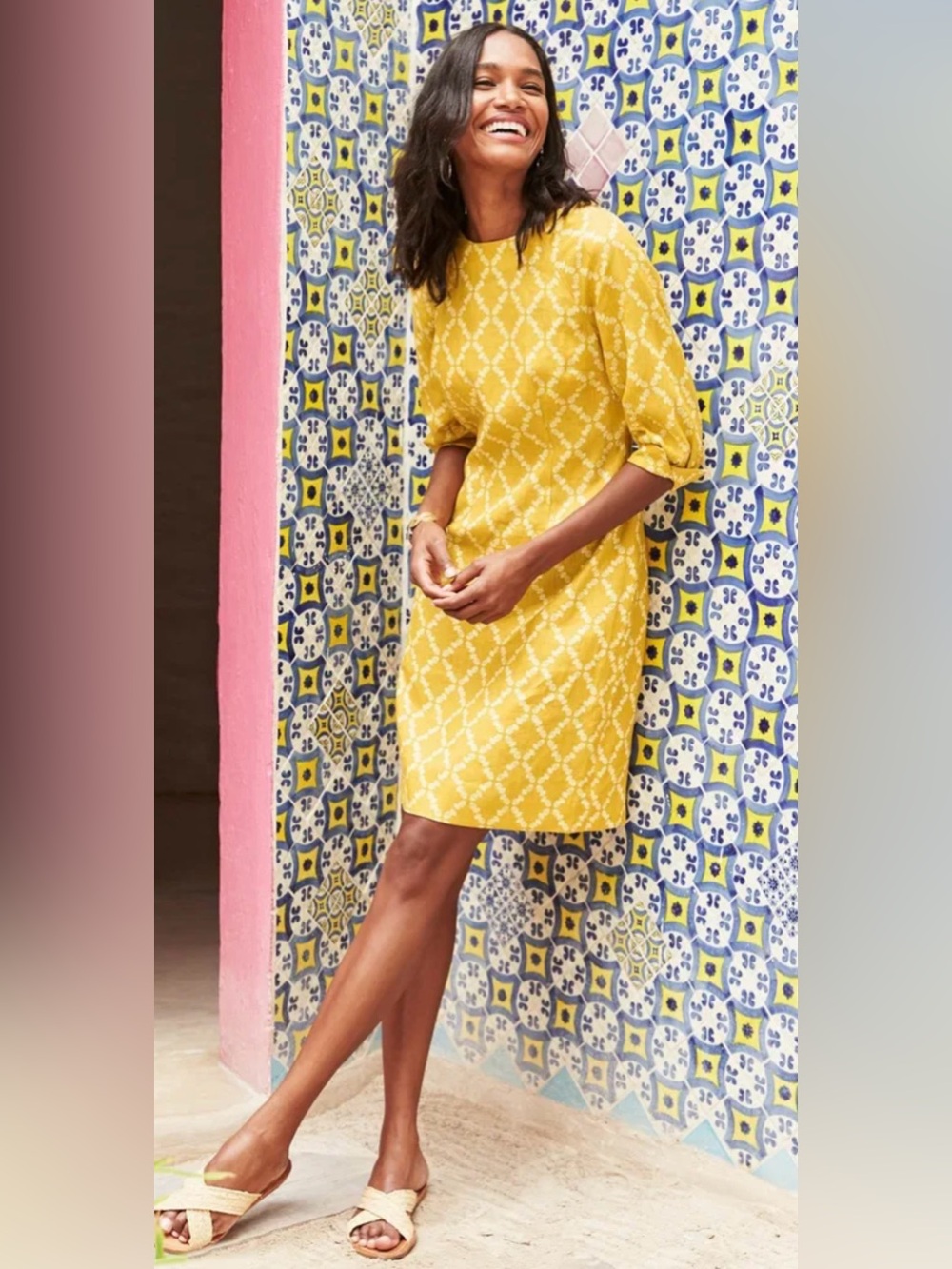 Boden Kate Linen Dress – Mustard Yellow Pineapple Print Shift Dress Size US 6R